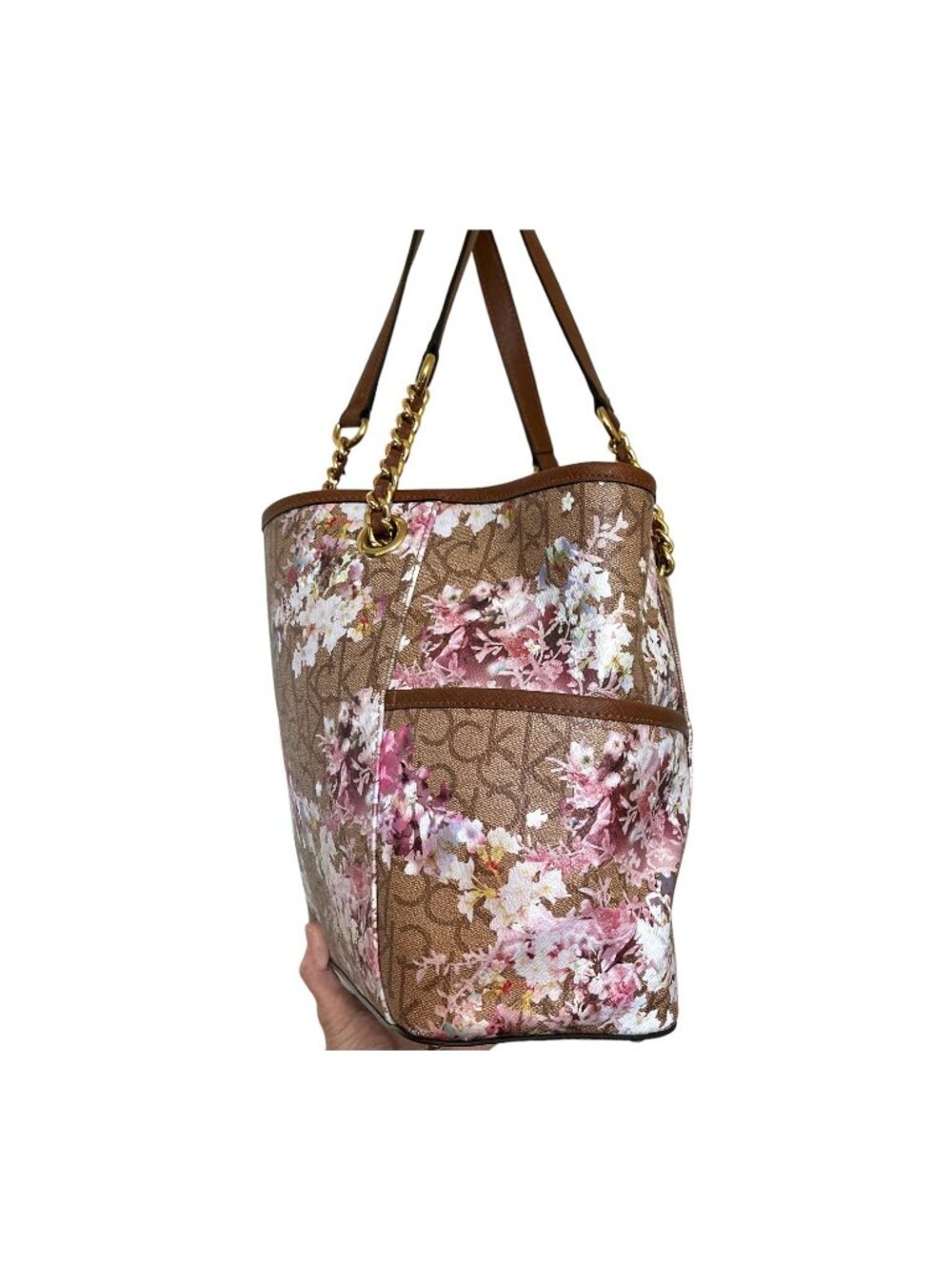 Calvin Klein Signature Hayden Floral CK Logo Satchel Tote Bag Chain Handles - Picture 9 of 16